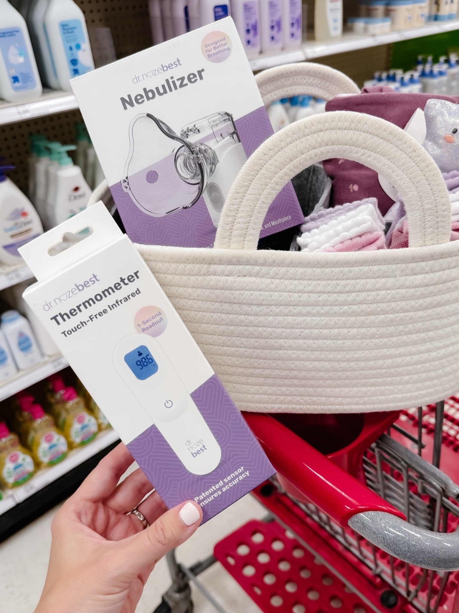 New product alert at Target! 🎯🤍 And these are two things every parent will be glad to have on hand. #drnozebestpartner ❤️ The new Dr. Noze Best Portable Nebulizer is quiet, cordless and rechargeable, with an ultra fine mist and masks for both kids and adults. And the No Touch Thermometer gives you a reading in just one second with patented alignment technology, plus a silent mode that is perfect for those middle of the night temperature checks. 🙌 I also love these together as a practical gift idea for a new mom! Find them at Target in the baby aisle. 🛒🎯 @drnozebest