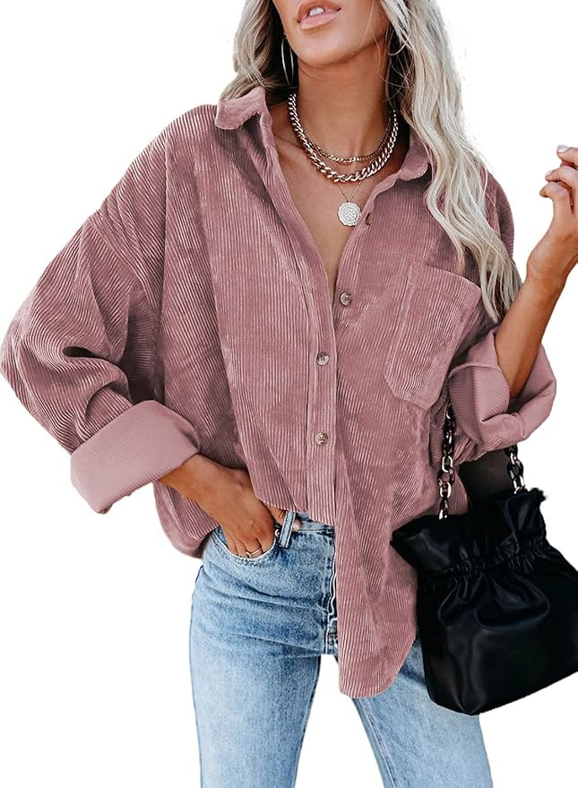 Sidefeel Women Corduroy Long Sleeve Button Down Shirt Oversized Jacket Tops | Amazon (US)