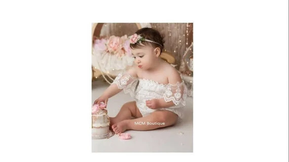 Off the shoulder White Romper Birthday Party Half First Smash Cake Photo prop Dress Outfit Baby E... | Etsy (US)
