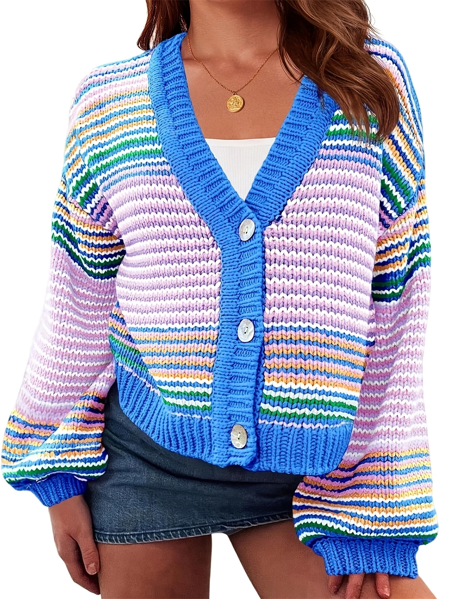 Long Sleeved Fall V-neck Colorful Striped Print Casual Knit Cardigan Coat | Walmart (US)