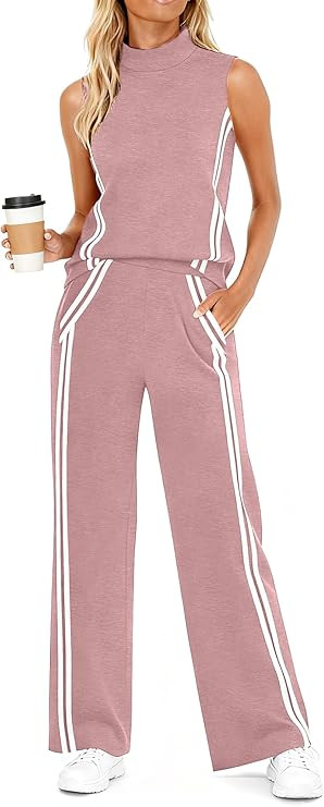 Casly Lamiit 2 Piece Sets for Women Striped Travel Outfits Casual Mock Neck Sleeveless Tops Wide ... | Amazon (US)