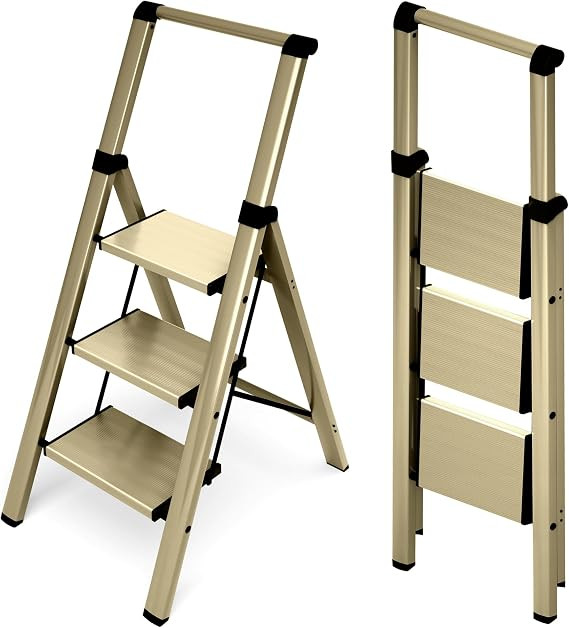 HillhutApex Aluminum 3 Step Ladder, Step Stool Foldable Ladder(Gold) | Stepladder with Handgrip,A... | Amazon (US)