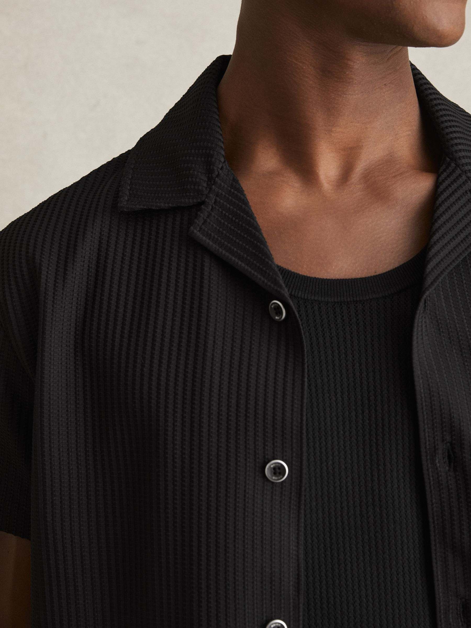 Reiss Textured-Knit Cuban-Collar Shirt in Black | REISS | Reiss US