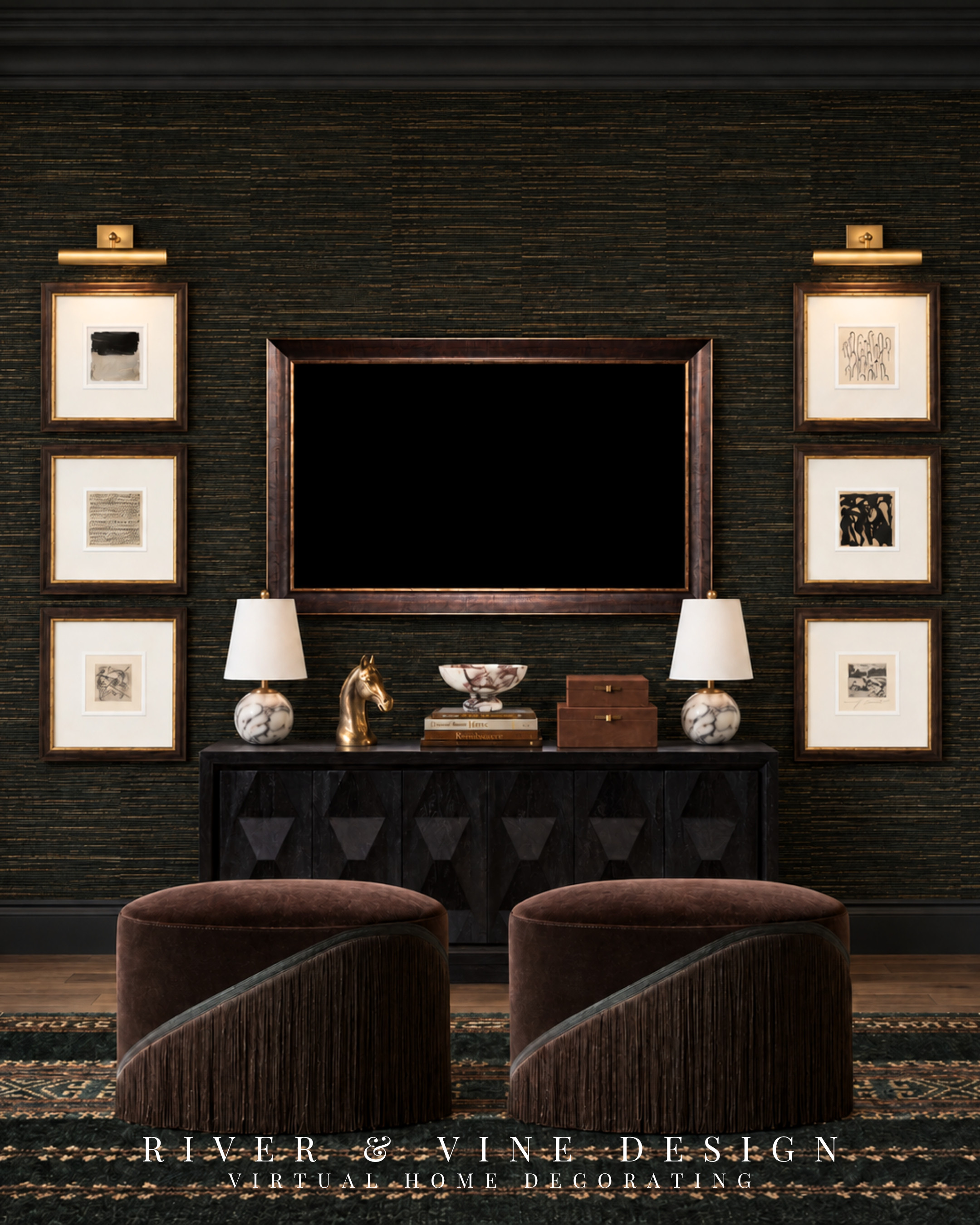 A TV wall can be one of the most thoughtfully styled parts of the room.

In this lake-house basement media room, the framed screen sits within a balanced arrangement of artwork, with brass picture lights bringing attention to the whole composition. Repeating similar frame finishes is what makes the mix feel cohesive.

The sculptural credenza and curved chocolate-brown chairs add dimension, giving this side of the room the same cozy, polished feel as the seating area opposite. For your own media room, the credenza is a strong starting point—explore it alongside the coordinating lighting and accents through the product links.

stylish TV wall ideas, lake house basement decor, framed television wall, media room credenza, gallery wall around TV, brass picture lights, chocolate brown accent chairs, cozy media room ideas

I may receive a commission from purchases made through my links.
 

 #LTKHome