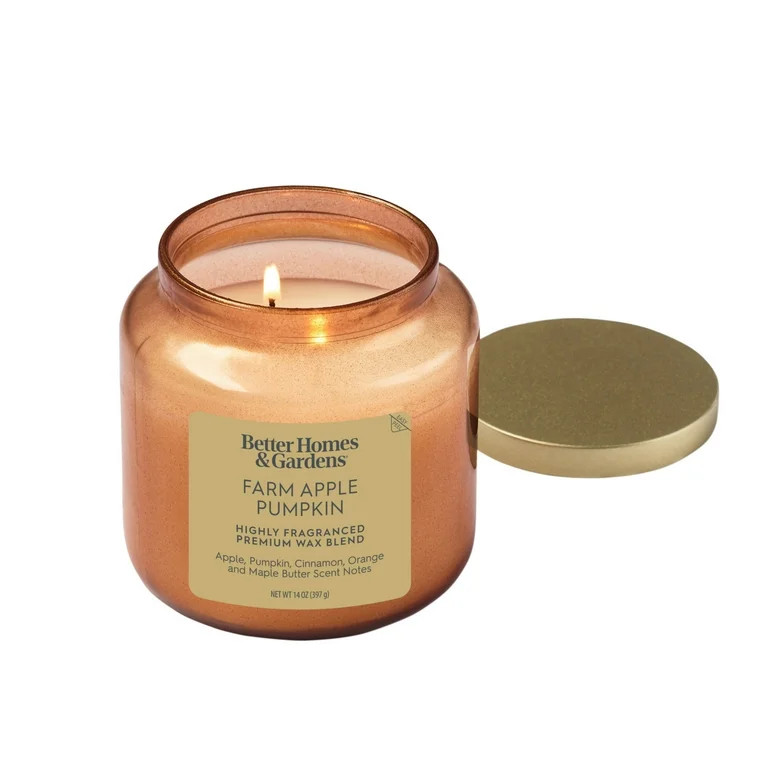 Better Homes & Gardens 2-Wick Orange Glass Jar Candle with Gold Lid, Farm Apple & Pumpkin, 14oz. | Walmart (US)