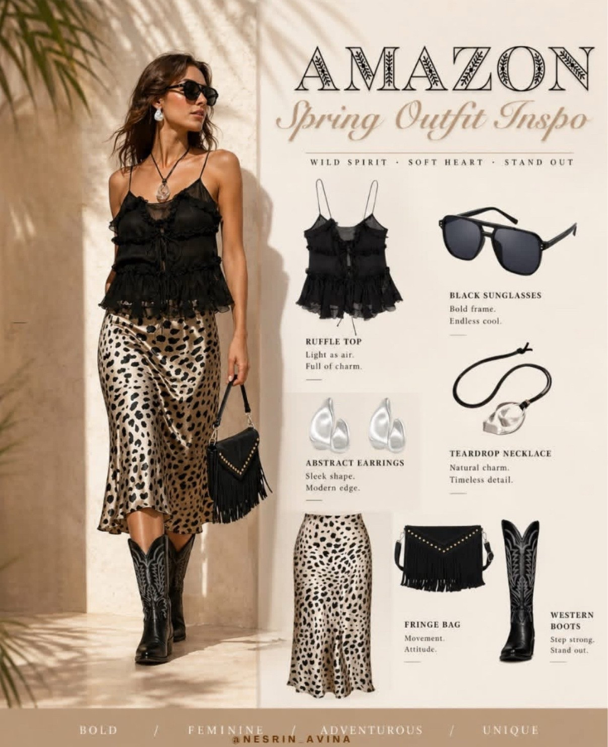 satin skirt 
animal print
black top