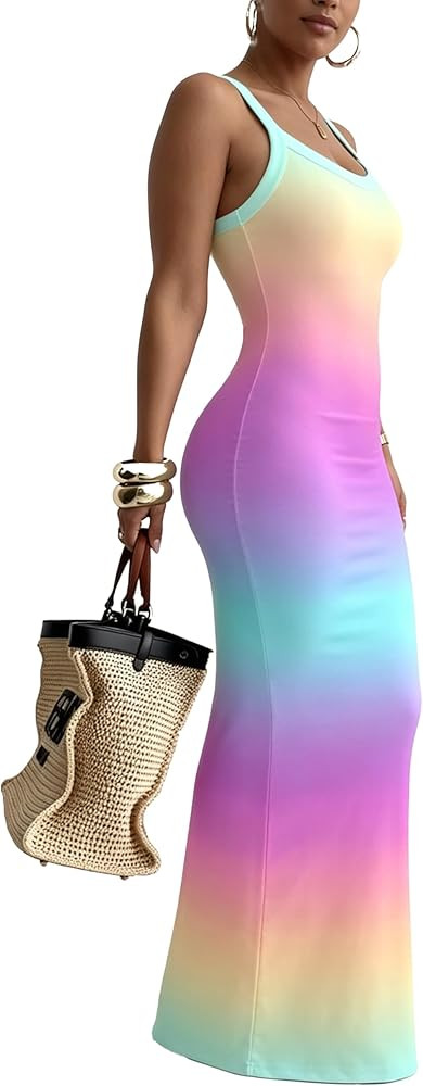 Women's Spaghetti Strap Stretchy Bodycon Dress, Spaghetti Strap Low Cut Bodycon Maxi Dress, Casua... | Amazon (US)