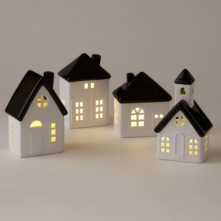 4pc Battery Operated Decorative Ceramic House White with Black Roof - Wondershop&#8482; | Target