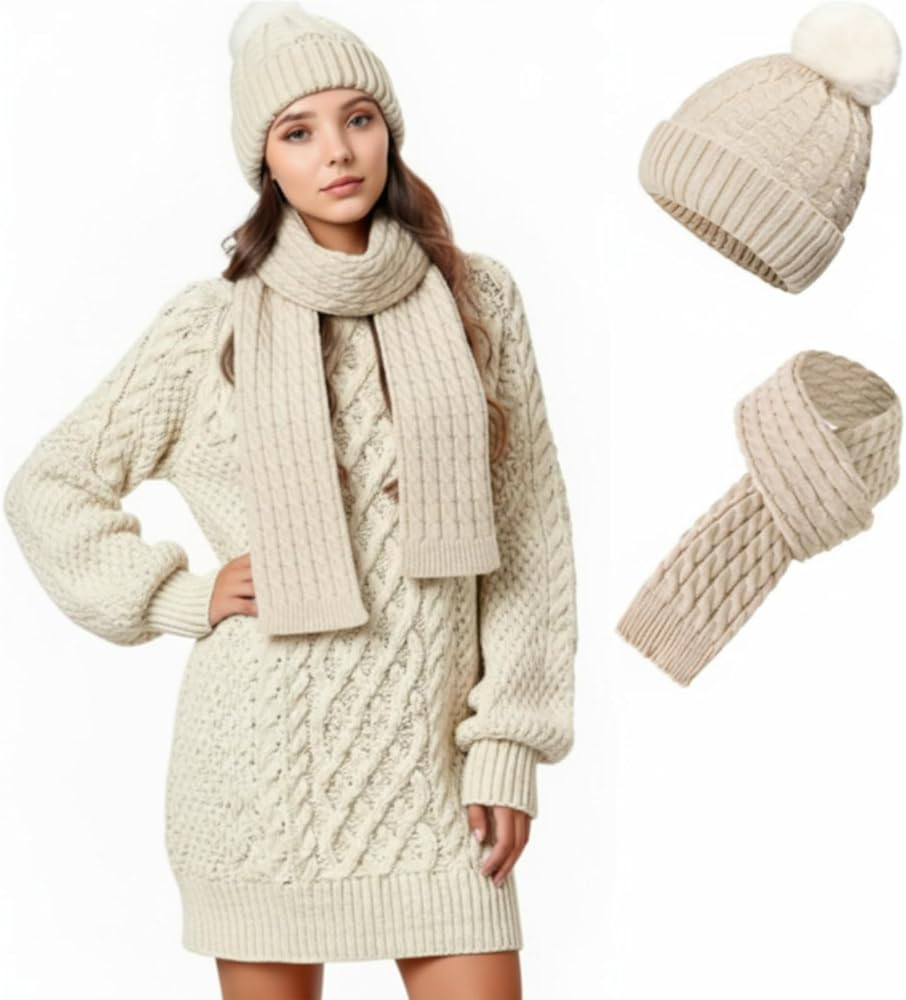 3 Pcs Winter Women Long Sleeve Oversized Cable Knit Sweater Dress 2025 Winter Chunky Pullover Bea... | Amazon (US)