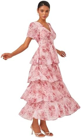 ADOR Women's Floral Summer Empire Waist V Neck Casual Long Flowy Chiffon Maxi Dress Ruffle Tiered... | Amazon (US)