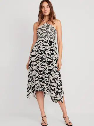 Fit &#x26; Flare Printed Crinkled Halter Midi Dress for Women | Old Navy (CA)