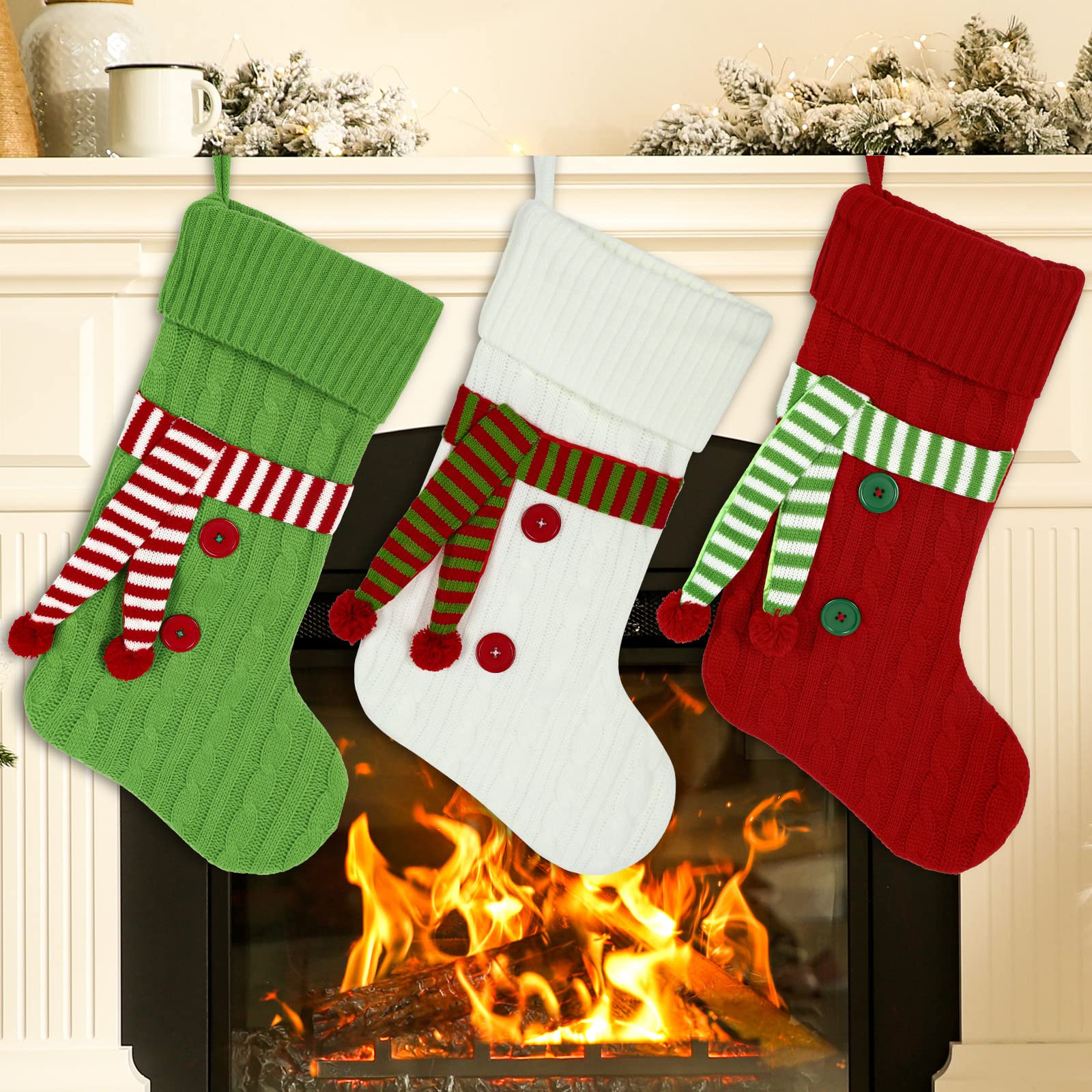 Whaline 3 Pack Knitted Christmas Stocking with Scarf Red Green White Hanging Stockings Classic Xm... | Amazon (US)