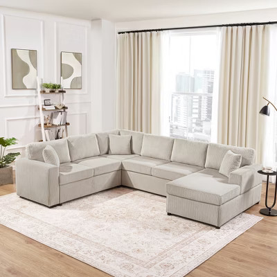 ModernLuxe Oversized U-Shaped Sectional Sofa with Chaise Lounge, 115.3"W Corduroy Sectional Sofa with 3 Throw Pillows, Light Gray | Target