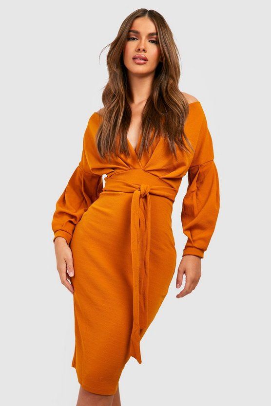 Off the Shoulder Wrap Midi Dress | Boohoo.com (US & CA)