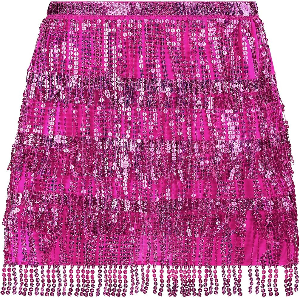 MYMORE Womens Sparkly Sequin Fringe Skirt - Black Rave Concert Disco Space Cowgirl Outfit Glitter... | Amazon (US)