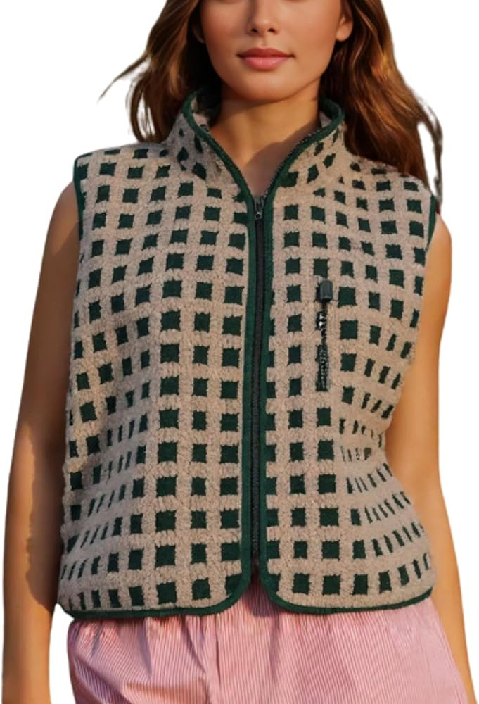 PUWEI Women's Checkered Sherpa Vest Sleeveless Zip Up Fleece Top Crochet Plaid Sherpa Collared Ve... | Amazon (US)