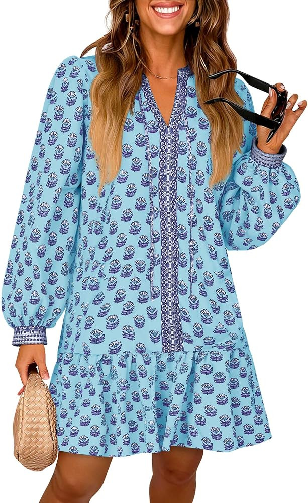 Wenrine Womens Long Sleeve Casual Mini Dress Floral V Neck Ruffle Loose Fall Boho Babydoll Dresse... | Amazon (US)
