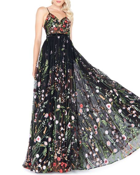 Mac Duggal Floral-Embroidered Sweetheart Sleeveless Bustier Gown | Neiman Marcus