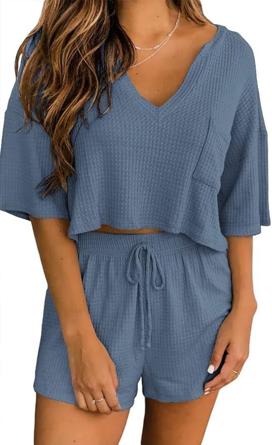 EZBELLE Women's V Neck Waffle Knit Pajamas Set Short Sleeve Crop Tops with Shorts 2 Piece Outfit ... | Amazon (US)