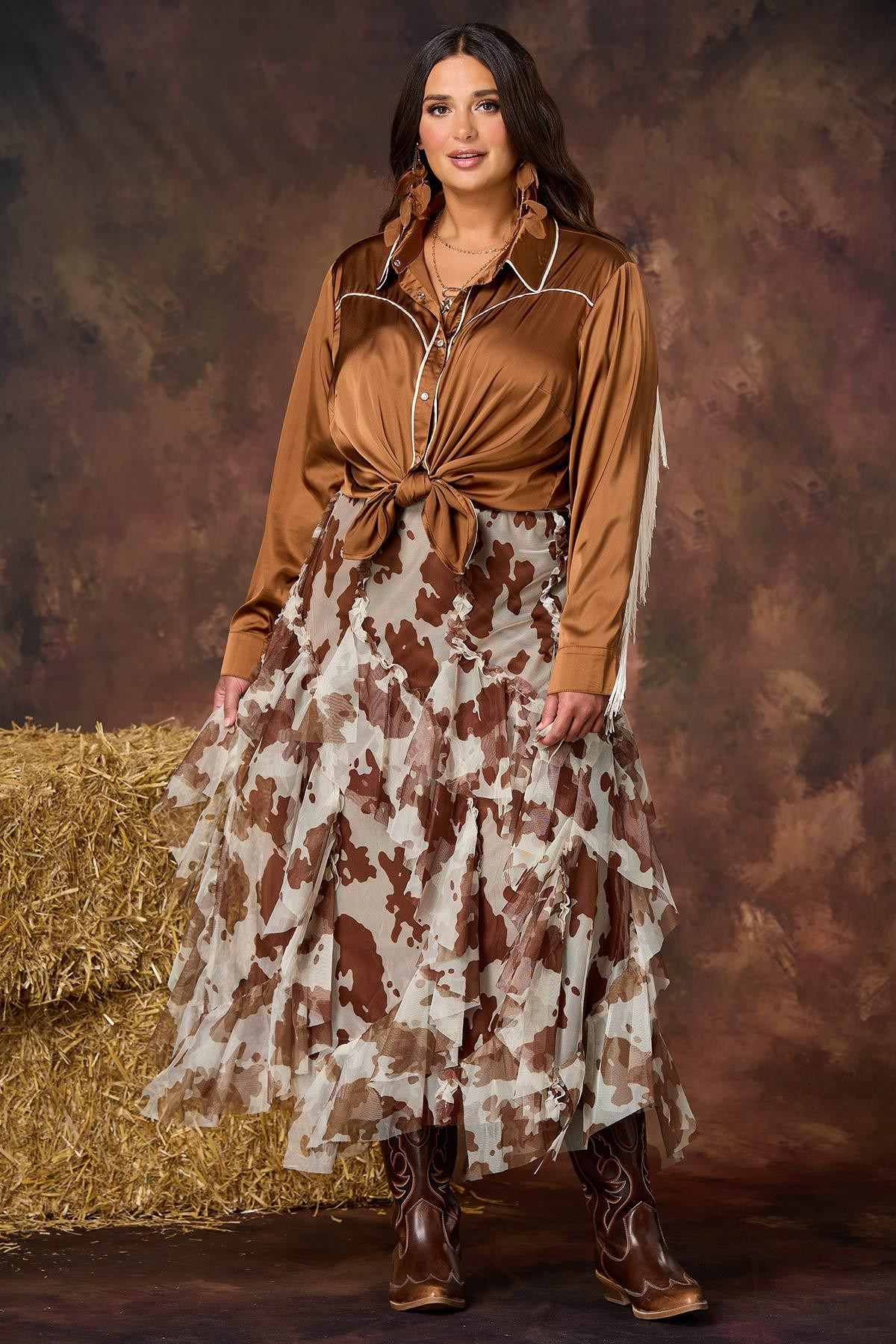 Plus Size Cow Print Mesh Skirt | Cato Fashions