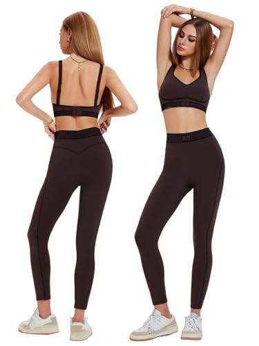 Workout Sets for Women 2 Piece Matching Set, High Waisted Leggings with Pockets & Padded Sports Bra, Flocked Yoga Gym Outfits | Amazon (US)