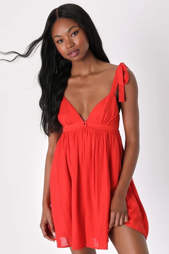 Delightfully Dainty Red Linen Tie-Strap Babydoll Mini Dress | Lulus (US)
