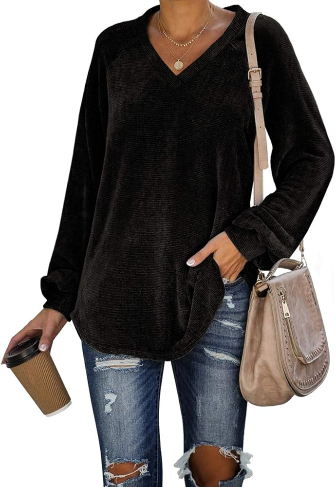 WIHOLL Womens Long Sleeve V Neck Corduroy Shirts Loose Casual Tunic Tops | Amazon (US)