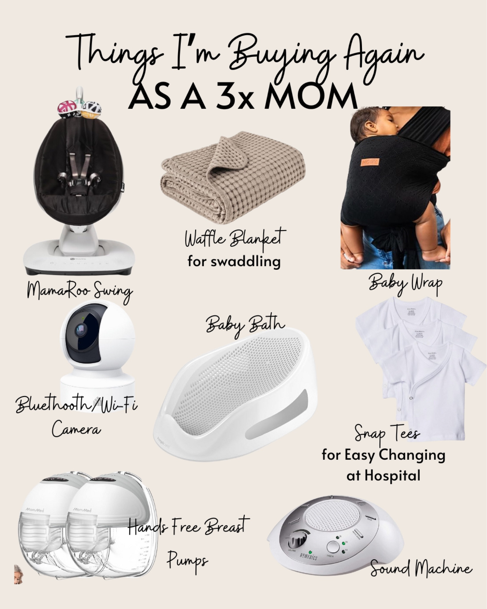 Things I’m Buying Again as a 3x Mom
〰️Mamaroo: swing is a must for soothing movement during the day
〰️Waffle Blanket: the best comfy swaddle for baby! (Also makes for cute pics)
〰️Baby Wrap: to get things done and for baby to be snuggled against you
〰️Sound Machine + Camera: for baby sleep
〰️Snap Baby Tees: for easy access at hospital
〰️Breast Pump: better than any expensive brand! Easy cleaning and use!


#LTKBaby #LTKFamily #LTKBump