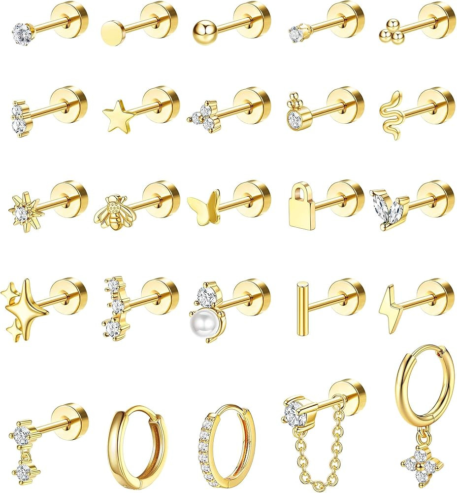 Jstyle 25 Pcs Hypoallergenic Earrings for Sensitive Ears Surgical Stainless Steel Earrings for Wo... | Amazon (US)