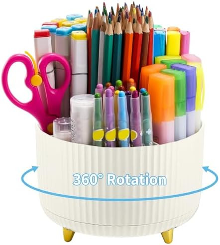 Marbrasse Desk Organizer, 360-Degree Rotating Pen Holder, 5-Compartment Pencil Organizer, Art Sup... | Amazon (US)