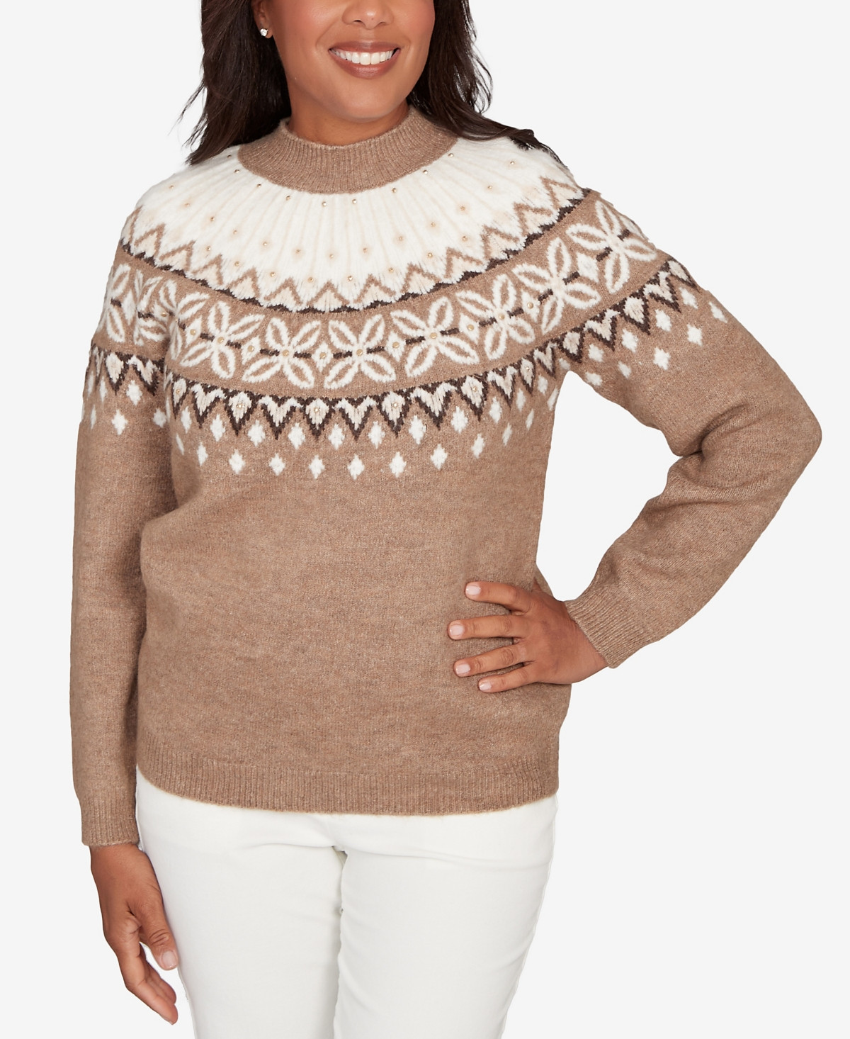 Alfred Dunner Vienna Fair Isle Gold Studded Sweater - Mocha | Macy's