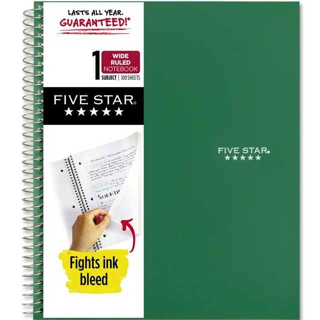 Five Star Wirebound Notebook, 1 Subject, Wide Ruled, Forest Green (930010CE1-WMT) - Walmart.com | Walmart (US)