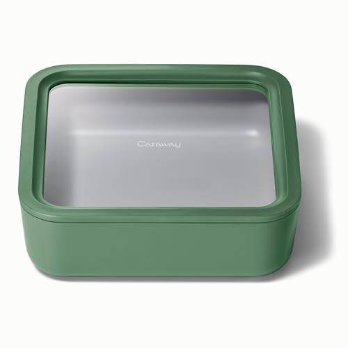 Caraway Glass Food Storage, 10 Cup Glass Container,Ceramic Coated Food Container,Easy to Store, Non Toxic, Non Stick Lunch Box Container with Glass Lids. Dishwasher, Oven,Square Shape,Sage | Amazon (US)