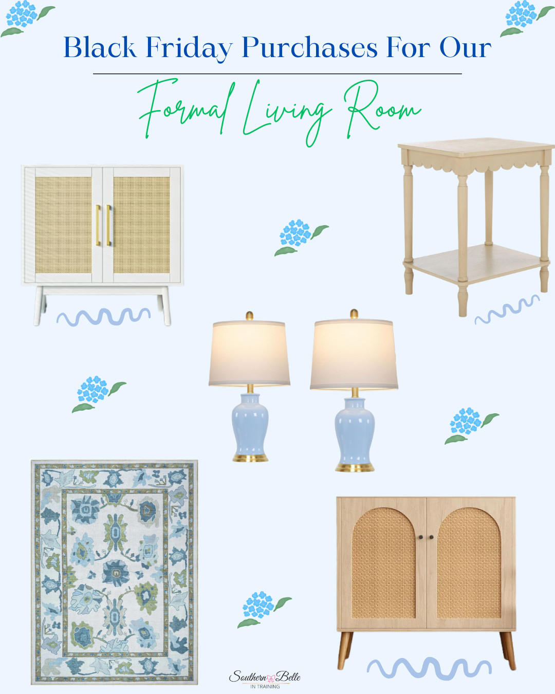 Coastal Grandmillennial Living Room! 

Everything I purchased for our formal living room on Black Friday. 

Oushak Rug || Blue and Green Rug || Blue Lamps || Rattan Console Table ||  

 #LTKCyberWeek #LTKHome #LTKSaleAlert