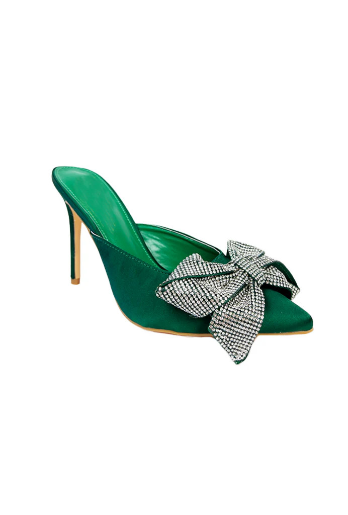 Rhinestone Bow Mules - Green Satin | Shop BURU