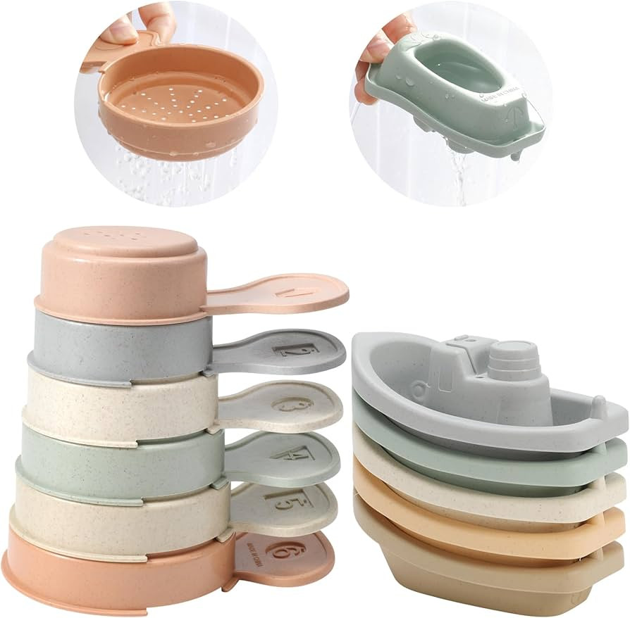 Bath Toys Floating Boats Train with Bathing Spoon,11 Pcs Water Table Toys Mold Free Baby Bath Toy... | Amazon (US)