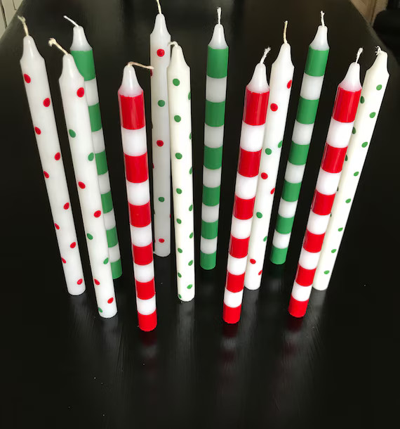 Christmas tapers, Christmas Striped or polka dot taper candles, set of 2 tapers | Etsy (US)