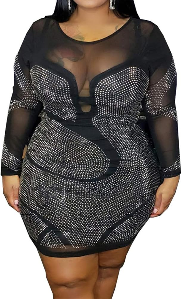 Womens Sexy Plus Size Long Sleeve Rhinestone Mesh See Through Bodycon Party Club Mini Dress Clubw... | Amazon (US)