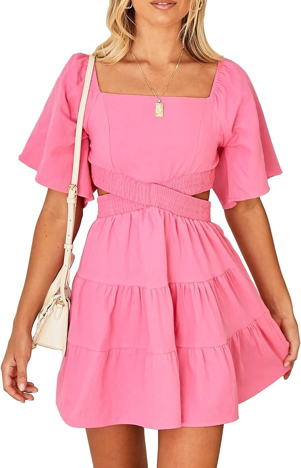 Amazon.com: Shy Velvet Women's Summer Dress Square Neck Short Sleeves Crossover Waist Casual Part... | Amazon (US)