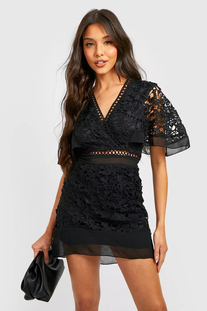 Crochet Mesh Detail Mini Dress | Wedding Guest Dress #LTKwedding #LTKSeasonal #LTKunder50 | Boohoo.com (US & CA)