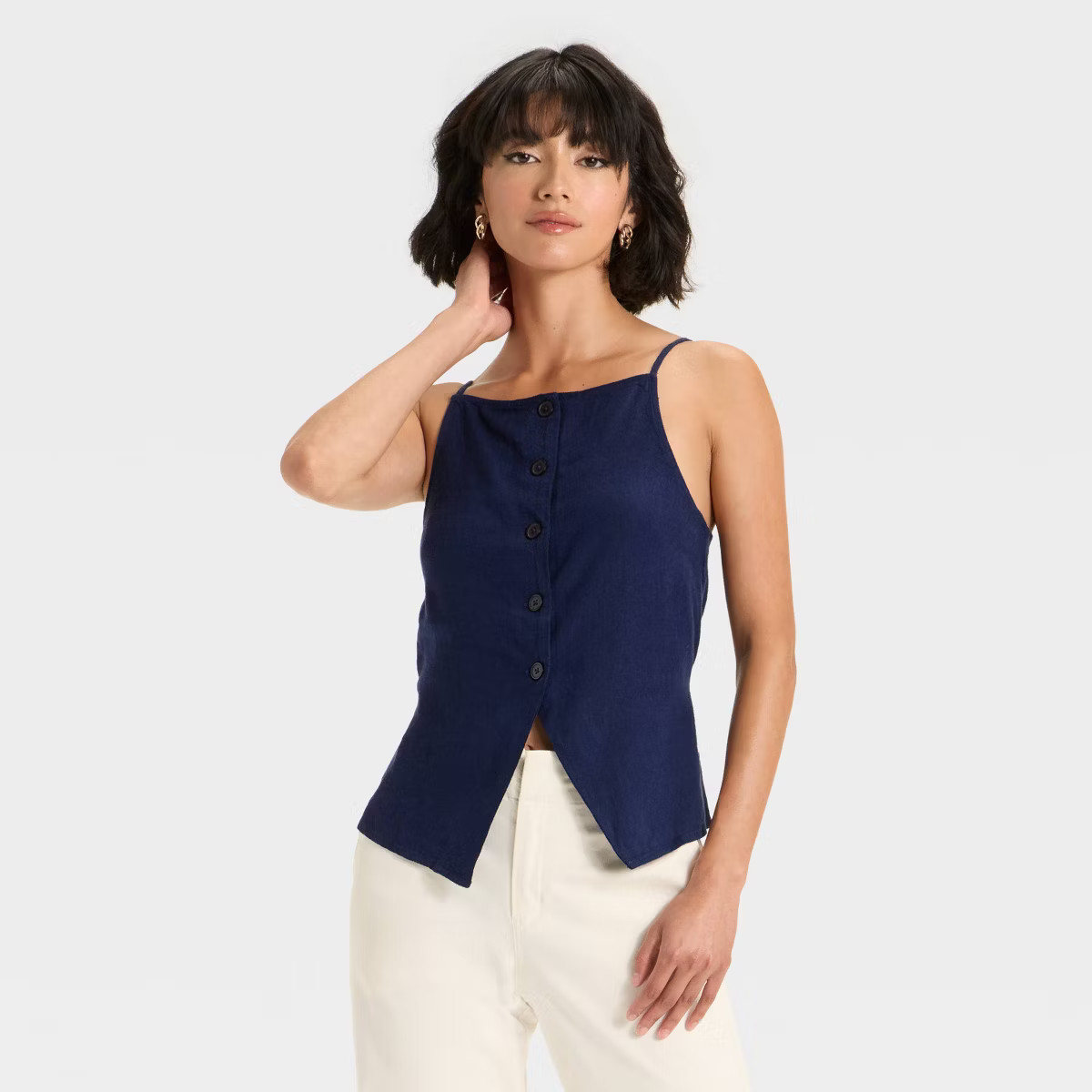 Women's Linen Blend Button Front Vest - A New Day™ Navy Striped XXL | Target