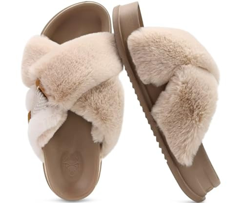 KuaiLu Women's Fuzzy Cross Band Platform Slippers Comfortable Faux Fur Open Toe Arch Support Slid... | Amazon (US)