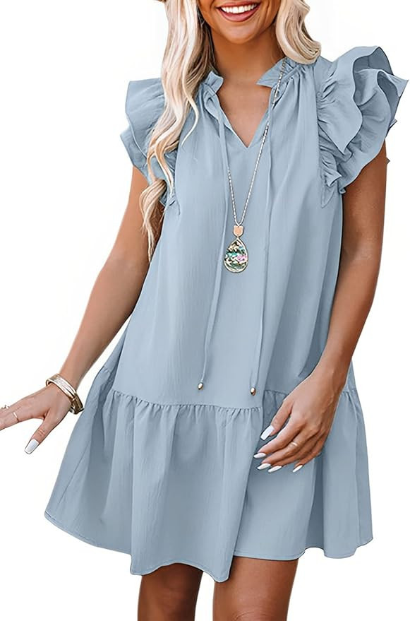 Dokotoo Womens 2024 Summer V-Neck Drawstring Ruffle Cap Short Sleeve Side Pockets Mini Dress Sund... | Amazon (US)