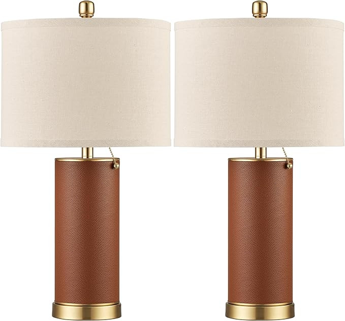23.4" Brown PU Leather Table Lamps for Living Room Set of 2, E26 Socket LED Modern Home Decor Fab... | Amazon (US)