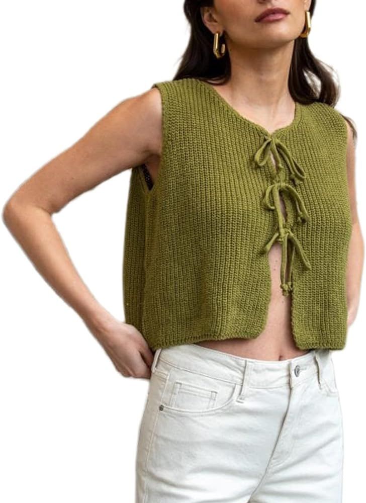 Women Vest Top Tie Front Crochet Knit Vest Y2k Sleeveless Going Out Tops Fashion Streetwear | Amazon (US)