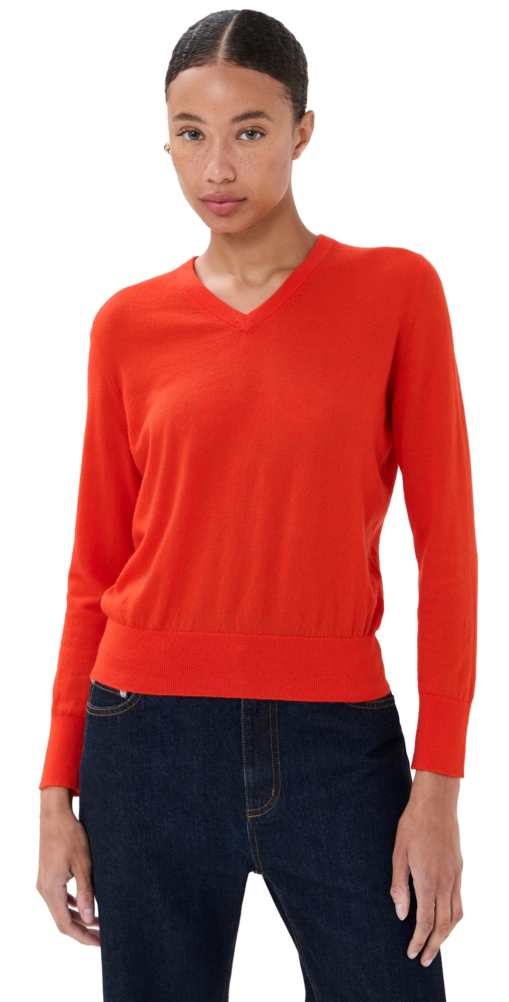 Tibi Skinlike Mercerized Wool Shrunken V Neck Sweater Red S | Shopbop