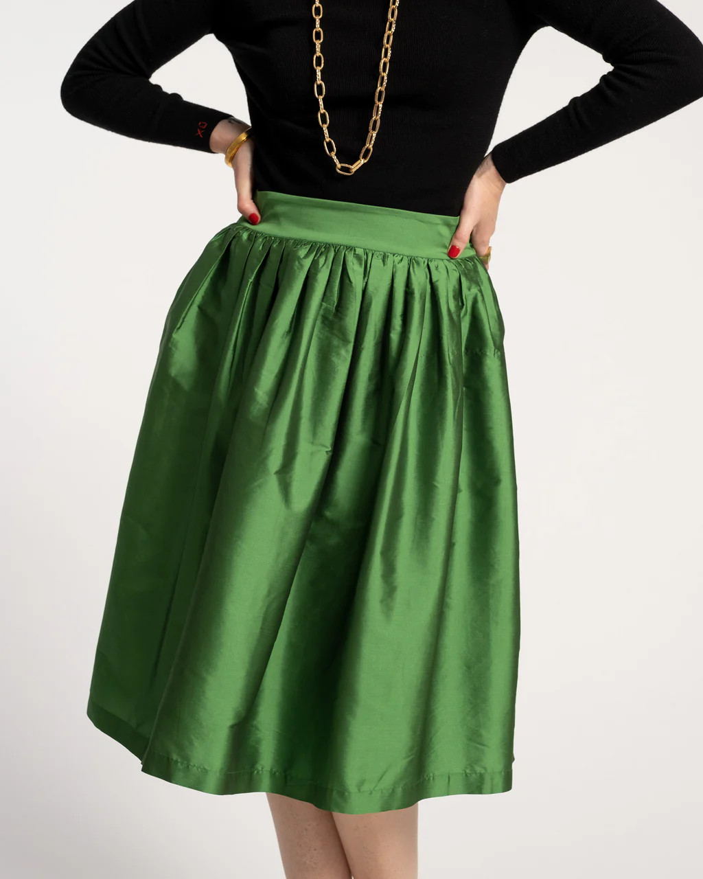 Barbara Gathered Midi Skirt Emerald | Frances Valentine