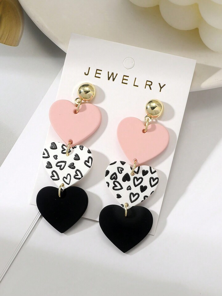 1pair Women Valentine's Day Romantic & Sexy Long Acrylic Earrings With Small Printed Pink Heart &... | SHEIN