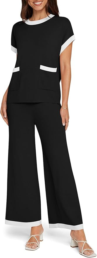 UEU Women 2 Piece Outfits Lounge Set Summer Short Sleeve Sweater Knit Tops Wide Leg Pants Matchin... | Amazon (US)