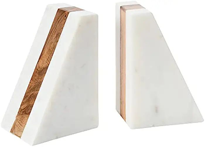 Main + Mesa Marble Geometric Bookends with Wood Inlay, White | Amazon (CA)
